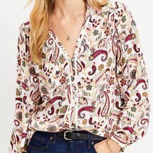 Loft Paisley Dobby Ruffle V-Neck Blouse Size Large